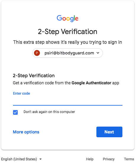 Google Authenticator 2SV